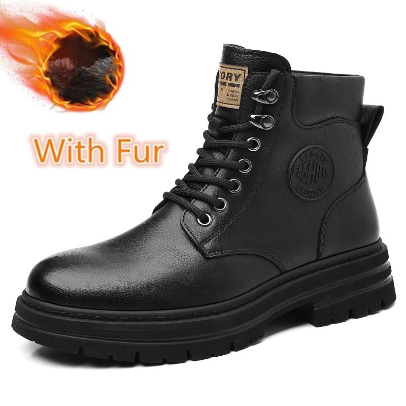New Arrival Men High Top Shoes Outdoor Leather Ankle Boots Fashion Lace Up Motorcycle Boots Non-Slip Man Winter Plush Snow Botas