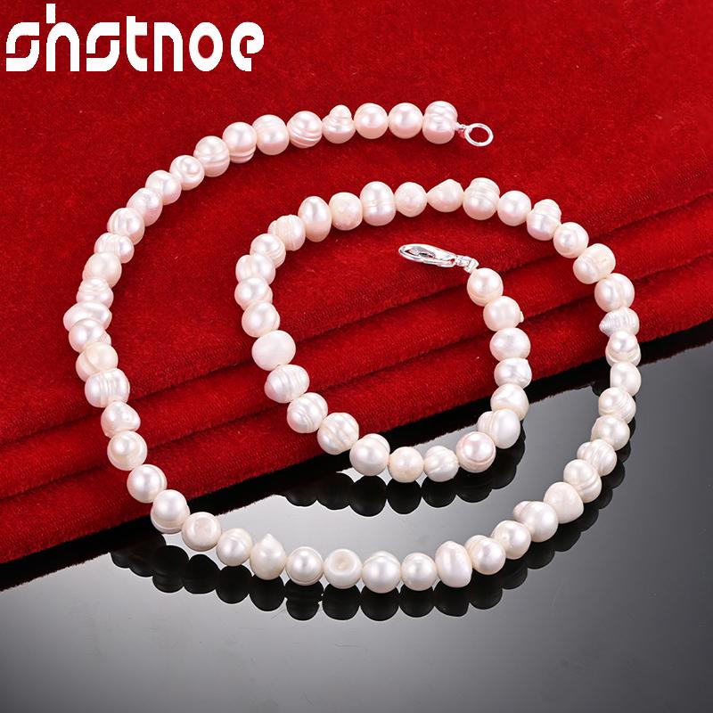 SHSTONE 925 Silver Pink White Purple Imitation Pearl 16-20 Inch String Chain Necklace For Women Party Fashion Jewelry