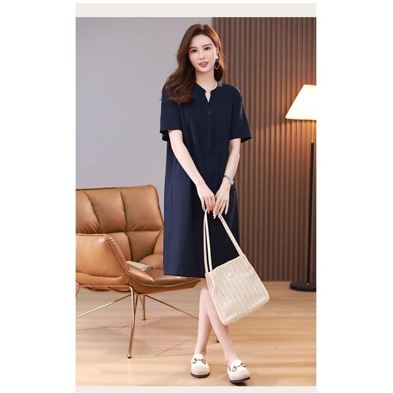 Robe d'été en lin et coton pour femme, col en V, demi-boutonnage, manches courtes, longueur midi, coupe ample, grande taille, robe élégante pour mère, robes décontractées à poches