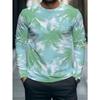 Men'S Long Sleeve Top with Green and White Palm Leaf Print, Casual Crew Neck, Slight Stretch, Regular Fit, Geometric Pattern
