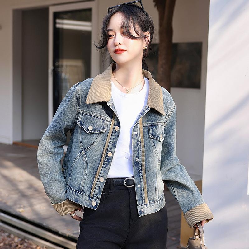 Retro Contrasting Color Splicing Denim Jacket Women's Spring Loose Design Sense Niche Small Short Jacket Top Tide