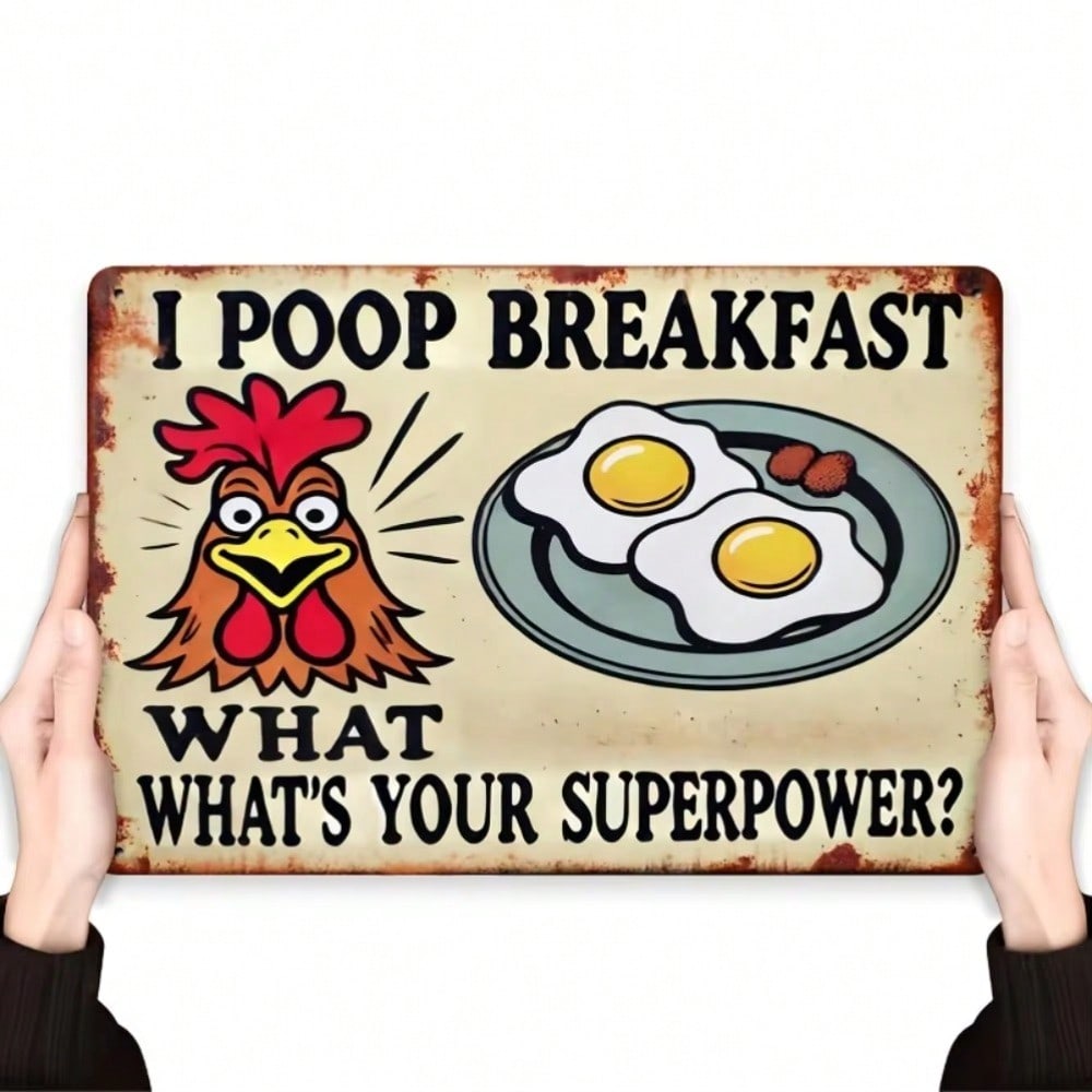 KitchenRusticArt Rustic Iron Art Cartoon Rooster Fried Eggs Design Poop Breakfast Theme Ideal Wall Decor for Kitchen