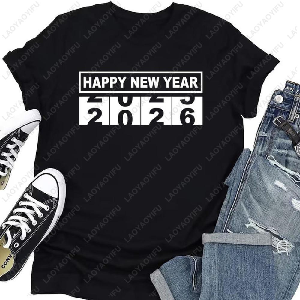 Frohes Neues Jahr 2026 Shirts für Damen Grafik T-Shirts Rundhals Kurzarm Herren Baumwolle Einfache Oberteile Klassisches bedrucktes T-Shirt