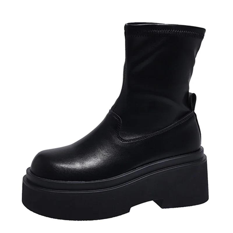 Winter Platform Dames Moderne Enkellaarsjes Mode Slip On Korte Booties Dames Beknopt Vierkante Hakken Schoenen