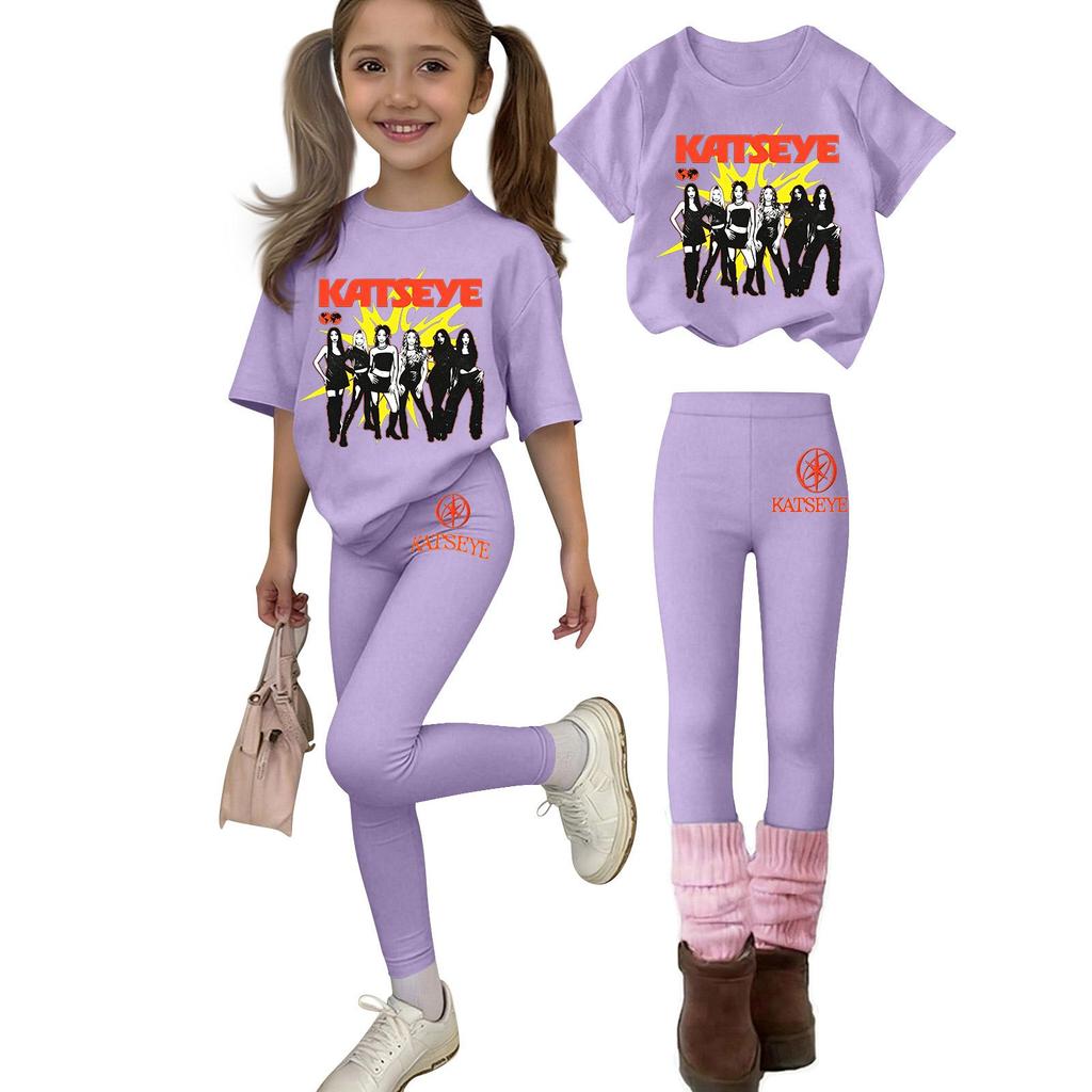 Girls Casual Two Piece Outfit Set Short Sleeve Crew Neck Top and Full Length Pants Printed Design Comfortable Fit