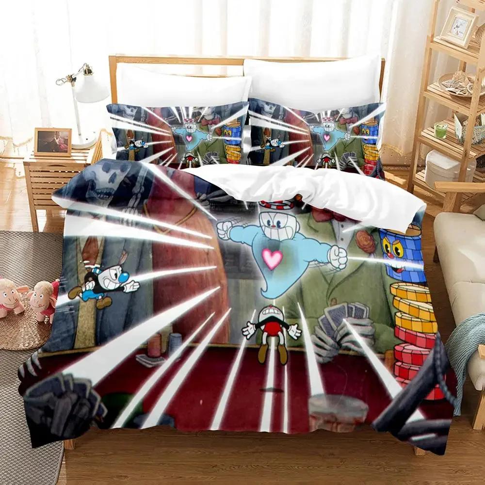 Set Biancheria da Letto Anime Cuphead Mugman Ragazzi Ragazze Misura Singola Queen Copripiumino Federa Letto Bambini Adulti Moda Tessile per la Casa
