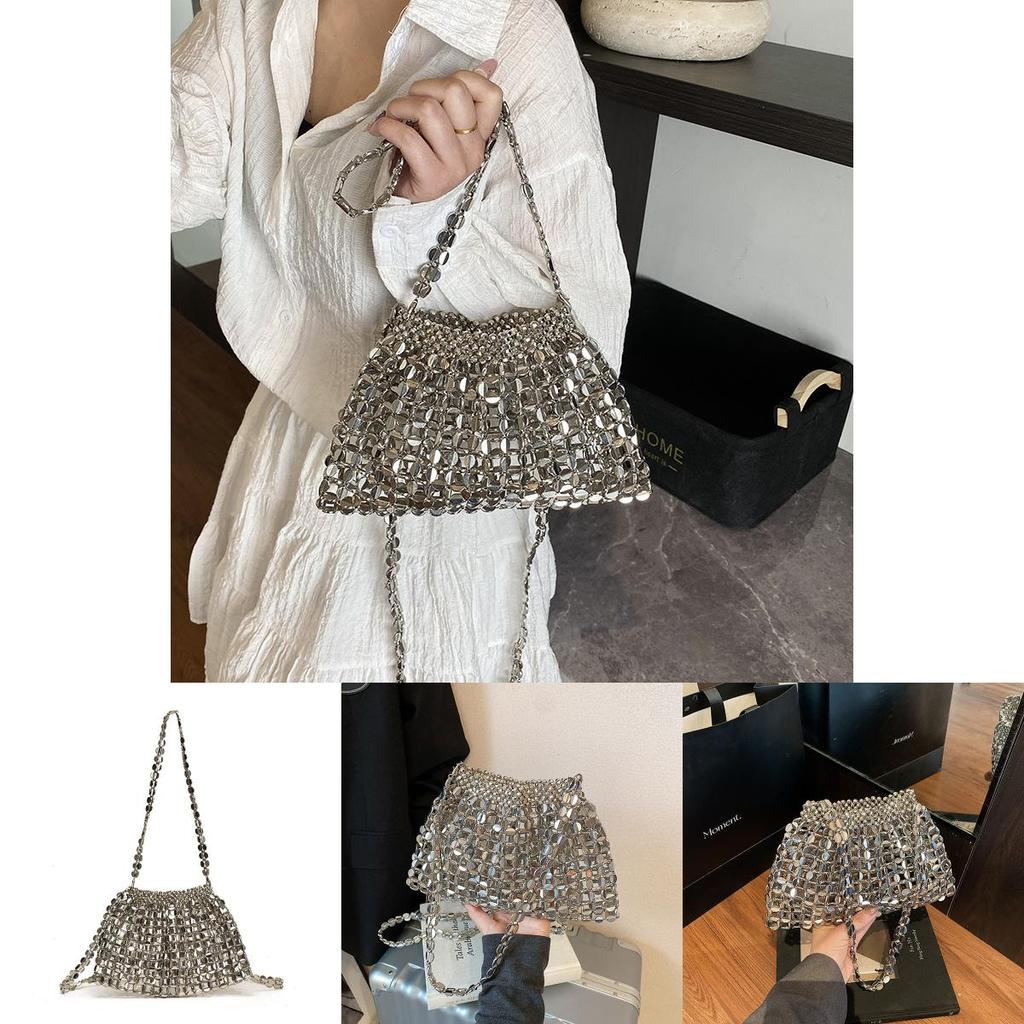 Vintage Metal Silver Hollow Out Crossbody Bag For Summer Womens Handcrafted Beaded Chain Bucket Purse