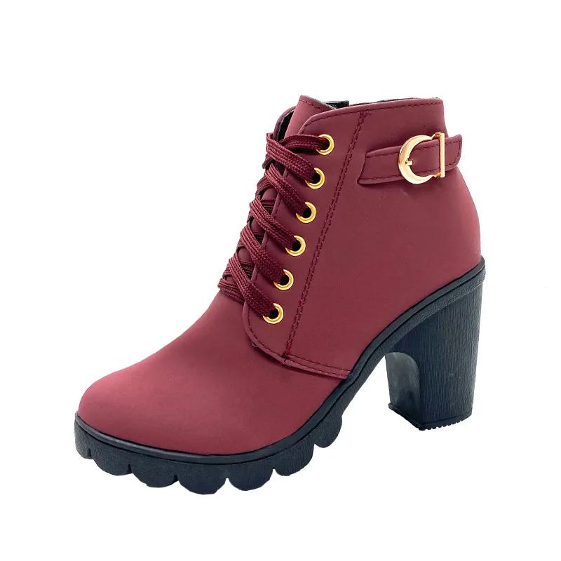 Women Boots Lace Up Ankle Boots Spring Fashion Outdoor Pumps Boots Black Buckle High Heel Boot Plus Size Platform Women Shoes
