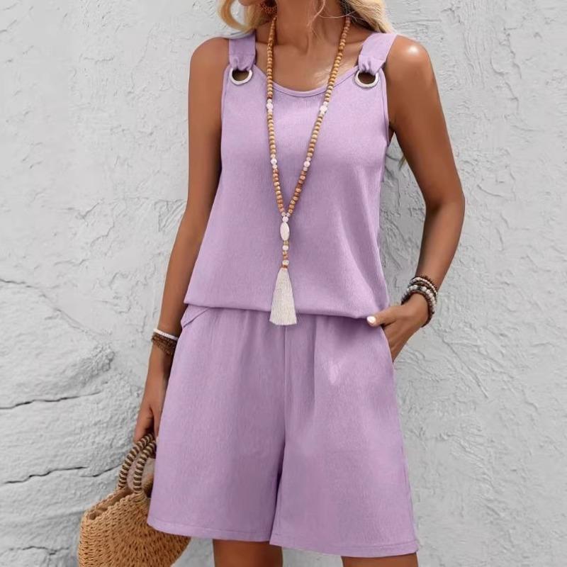 Western Spring Summer Fall New Solid Color Craft Fabric Double Pocket Sleeveless Top and Shorts, Vacation Style Elegant Casual Set