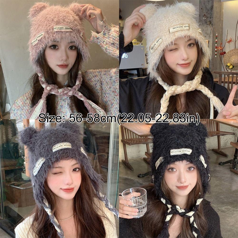 Cold Protection Warm Bear Ear Hat Thicken Knitted Bobble Cap Women Accessories