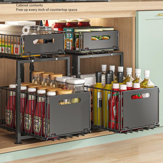 Kitchen Storage Rack Strong Load-bearing Large Capacity Adjustable Height 2-Tier Under-Sink Organizer with Pull-Out Drawers