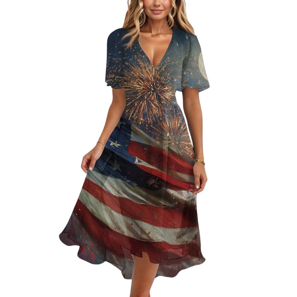 Women’s Short Sleeve V Neck Midi Dress with Star and Stripe Print Casual Loose Fit Summer Holiday Wear Flowing Hem Design