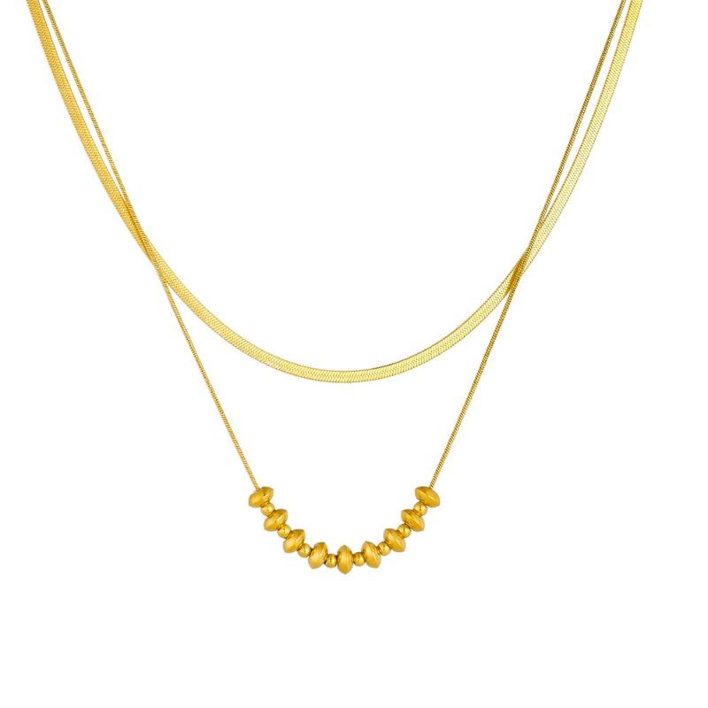 Gold Double Layer Herringbone Chain Bead Station Necklace