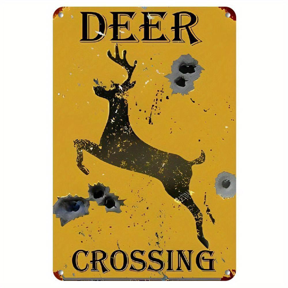 Vintage Deer Crossing Metal Tin Sign Retro Bullet Hole Style Warning Sign Wall Art Decor for Hunting Cabin Farmhouse Man Cave Ou