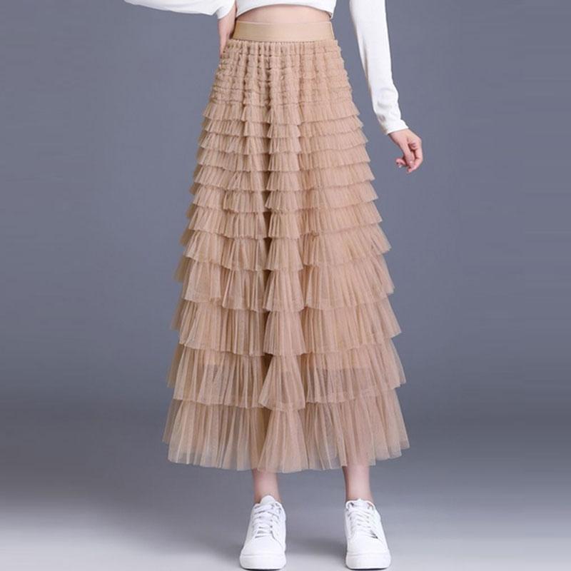 Elastický pas Síťované Dlouhé Sukně pro Ženy Elegantní Vintage Vysoký Pas Společenské Šaty Tyl Dortová Sukně Dámské Oblečení