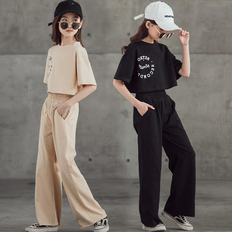 Girls Clothing Summer Suit Casual Letter T-shirt High Waisted Wide Leg Pants 2 Children's Tracksuit Black Teen Clothing