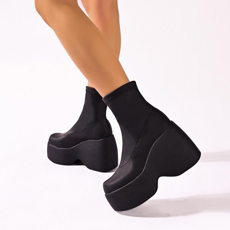 Dames Platform Laarzen met Brede Wijdte, Stretch Slanke Enkellaarsjes, Waterdichte Mode Booties met Blokhak