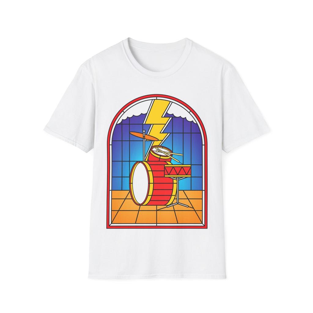 Gebrandschilderd Glas Drummer T-shirt, Muzikant Grafisch Shirt, Drumstel Ontwerp Unisex Top