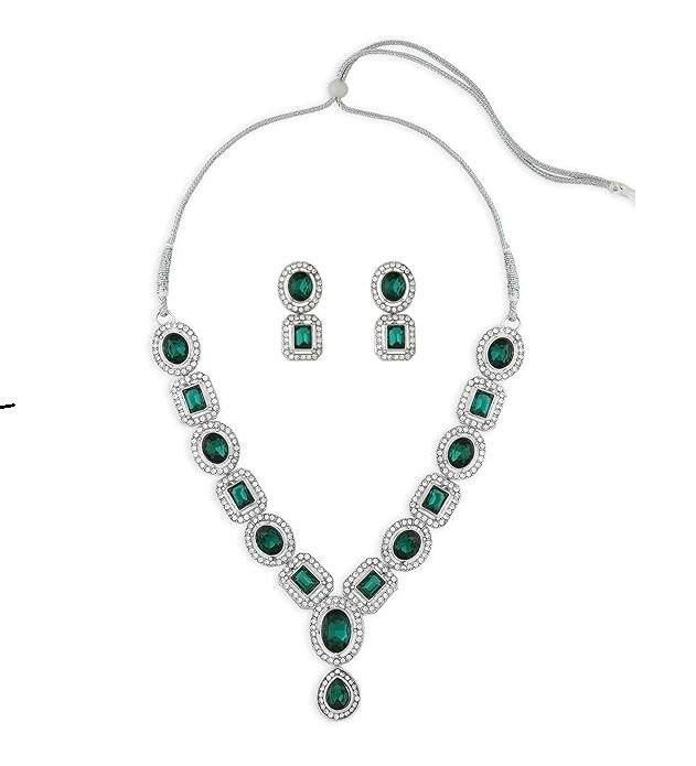 Green Stones & Dazzling Austrian Diamonds Embellished Necklace & Earring Set For Women