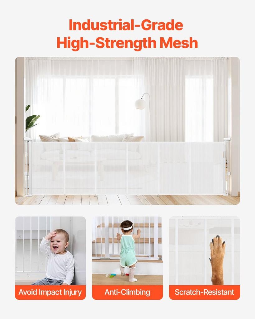 Einziehbares Babygitter, 870 mm hoch, erweiterbar bis zu 2800 mm Breite, Einziehbares Gitter für Kinder oder Haustiere, Netzmaterial, Einfach zu installieren für Treppen im Innenbereich,