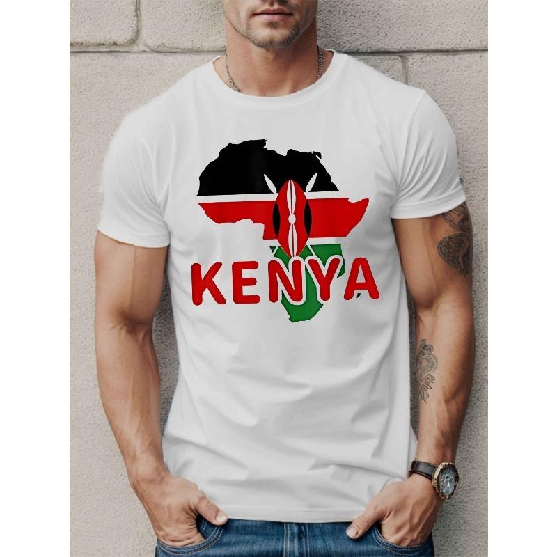 European size Casual Geometric Kenya Flag Print T-Shirt for Men - Short Sleeve Crew Neck Tee Polyester Knit Fabric Regular Fit - Summer Top
