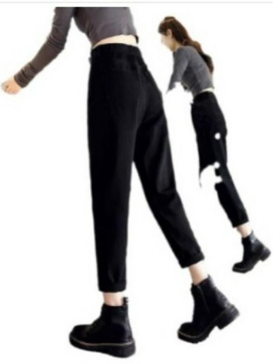 2025 Winter Black Velvet Thickened High-Waist Slimming Loose Harem Jeans for Petite Women
