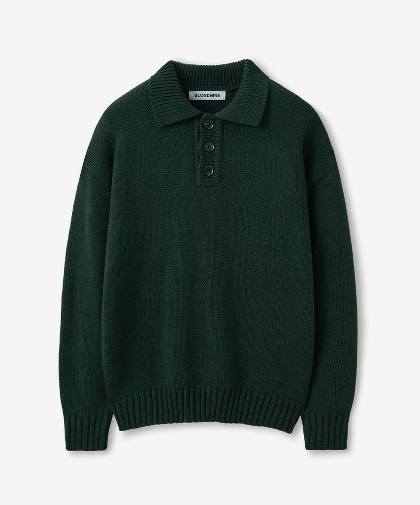 BLOND9 Bulky Polo Knit Top_Green