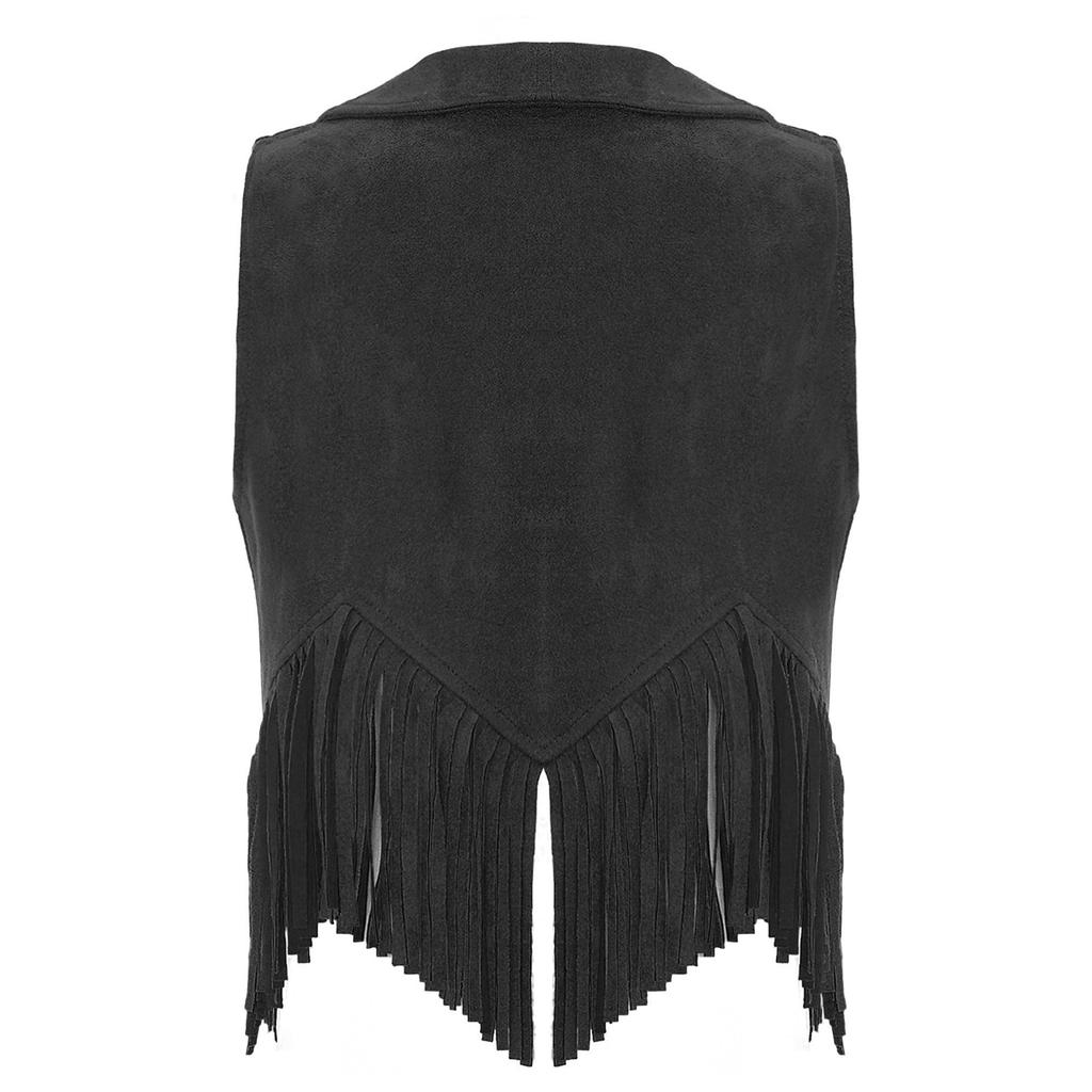 Girls Suede Cowboy Vest Open Front Tassels Fringe Western Vest Halloween Costume