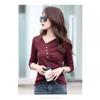 Spring Autumn V-neck Solid Color T-shirt Women Long Sleeve Chic Buttons Pullover Top Female Slim Bottomed Tee