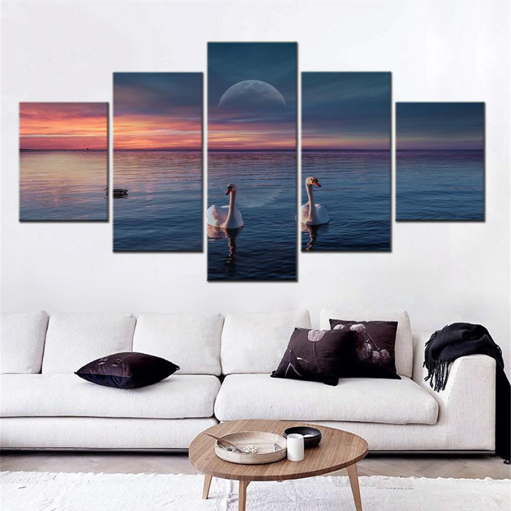 5 Pieces Canvas Wall Arts Animals Home Decoration Picture Two Swans Lake Wallpaper Landscape Poster Painting For Living Room No Frame
