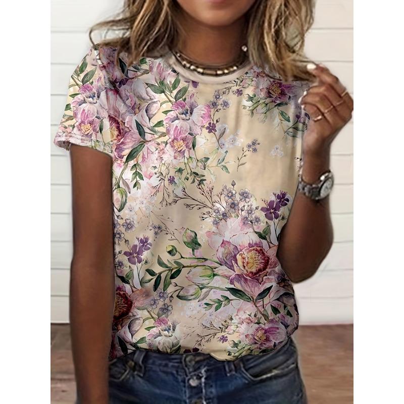 Women's Fashion T Shirt Oil Floral Pattern Fashion Short Sleeve Round Neck Short Sleeve T Shirt Top Casual Short Sleeve T Shirt