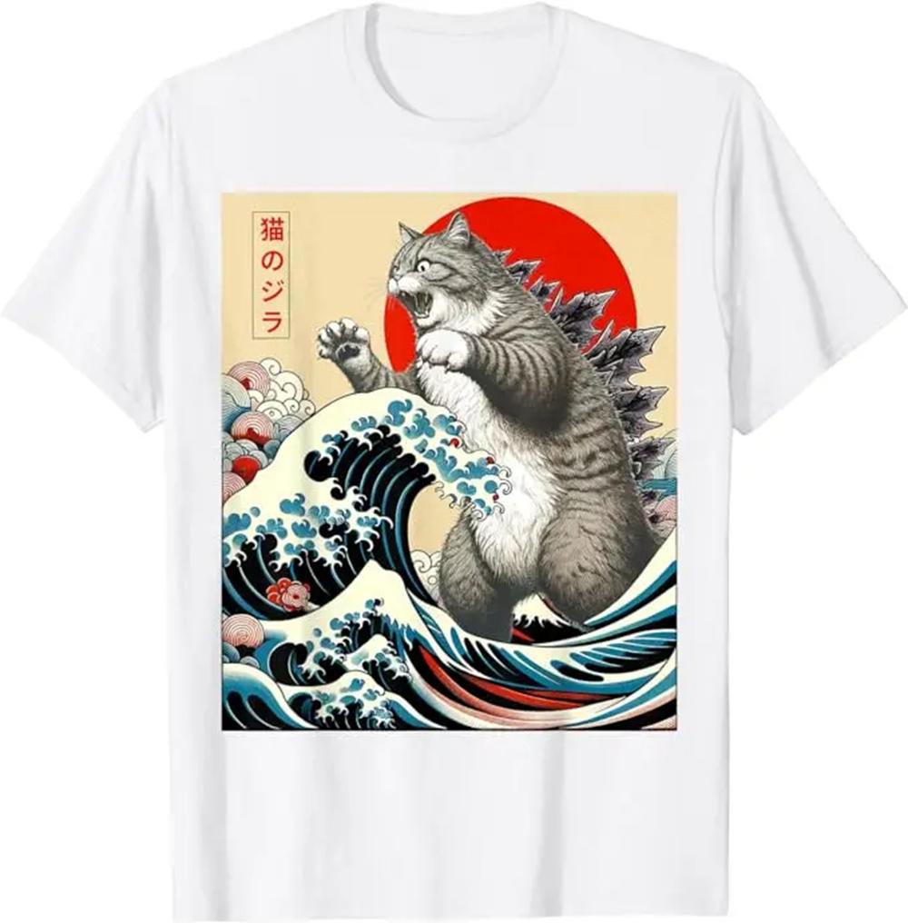 Catzilla Kočka Japonské umění Vtipné kočičí dárky pro muže ženy Vysoce kvalitní Tričko s kulatým výstřihem a krátkým rukávem 100% Bavlna Top