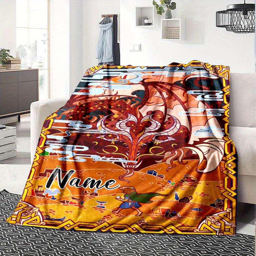 Fantasy Dragon And Warrior Blanket With Customizable Name Comfortable In All Seasons Suitable For Sofas Beds Travel Camping And Office Decoration A