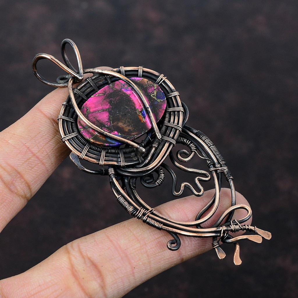 Natural Kingman Pink Dahlia Turquoise Pendant Copper Wire Wrapped Jewelry Handmade Gemstone Pendant Copper Pendant Gift For Mom Wire Pendant