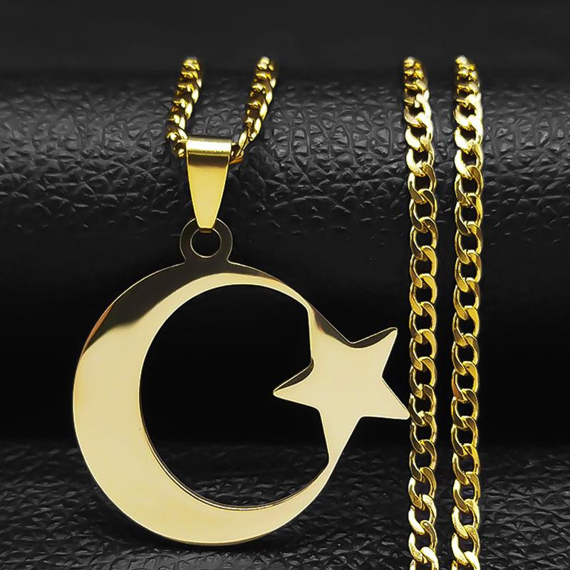 Turkish Star and Moon Pendant Stainless Steel Chain Necklace for Men and Women Jewelry Accessories