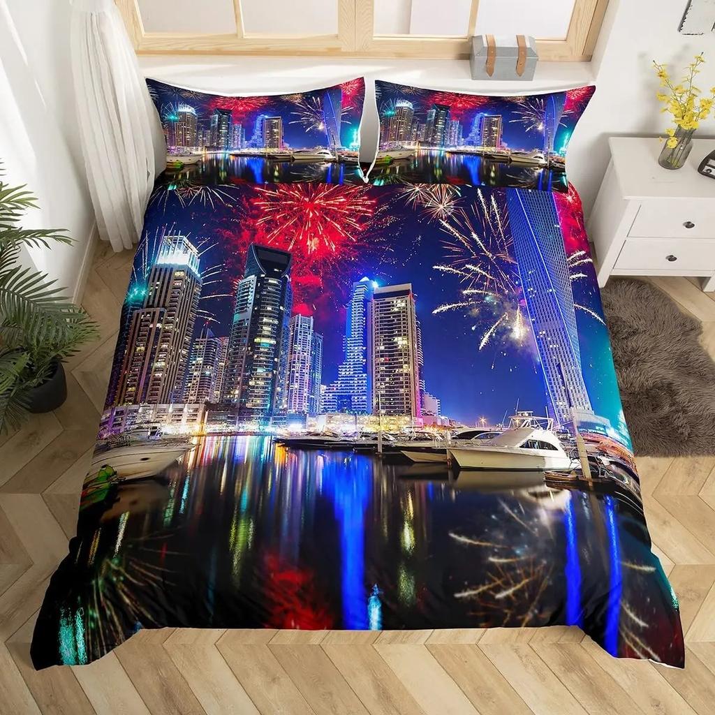 Housse de couette Feux d'artifice Ensemble de literie Château fantastique Housse de couette Paysage urbain de Prague Microfibre Ensemble de lit Fleurs psychédéliques magiques