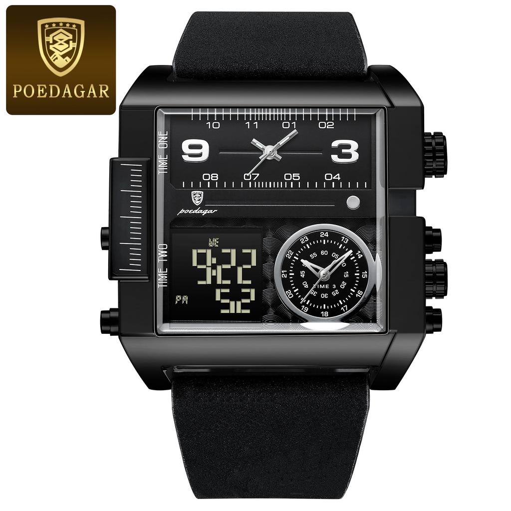 Men's Top Brand New Men's Electronic Watch Dual Display Electronic Quartz Watch Leather Sports Clock Square Chronograph