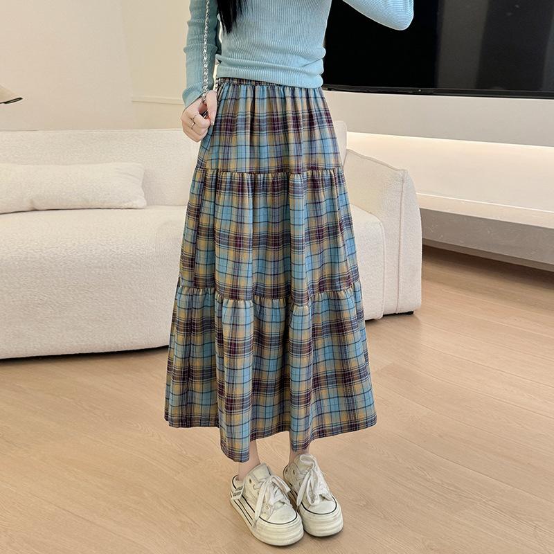 Blue Plaid Skirt for Women In Spring and Fall Latest High-waisted A-line Slim Umbrella Skirt Mid-length Fluffy Cake Skirt