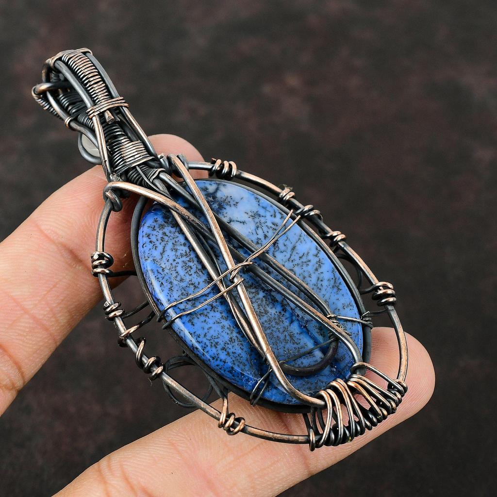 Evil Eye Blue Dendrite Opal Pendant Copper Wire Wrapped Pendant Evil Eye Gemstone Jewelry Rainbow Moonstone Pendant Handmade Copper Jewelry