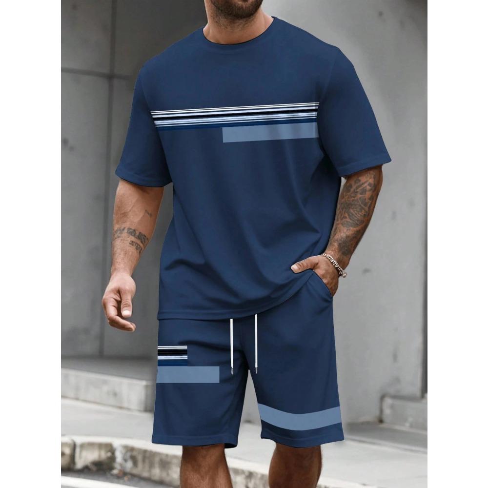 Casual Gestreept T-shirt Shorts Comfortabel Zacht Ademend Zomer Sport Grote Maat Los Heren Korte Mouw Sportkleding