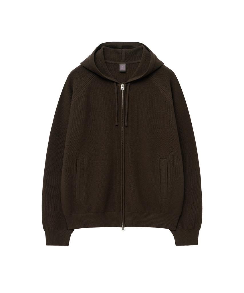 Iolo Textured Knit Zip-Up Hoodie_Brown