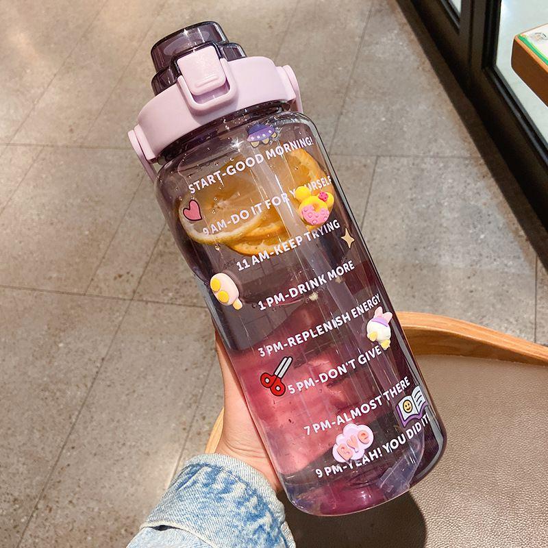 Large Capacity 2l Sports Straw Water Bottle With Time Marker And Fun Stickers