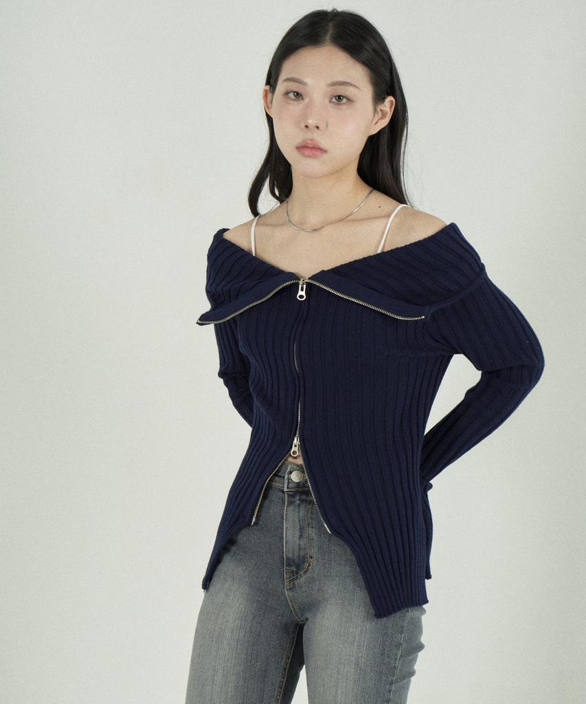 Tobaseu Off-Shoulder Two-Way Zip-Up Rib Knit (Navy)