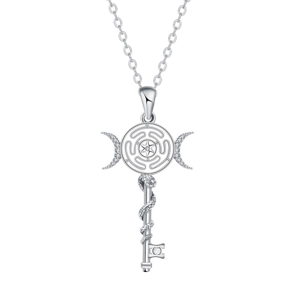 Original Witch Hekate Wheel Pendant Necklace Thai Silver Snake Key Triple Moon Goddess Chain Necklaces Wicca Magic Jewelry