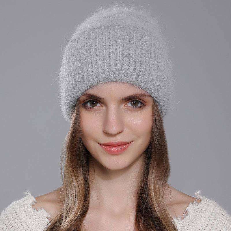 Winter Angora Rabbit Hair Warm Hat Women's Knitted Wool Versatile Ear Protection Hats