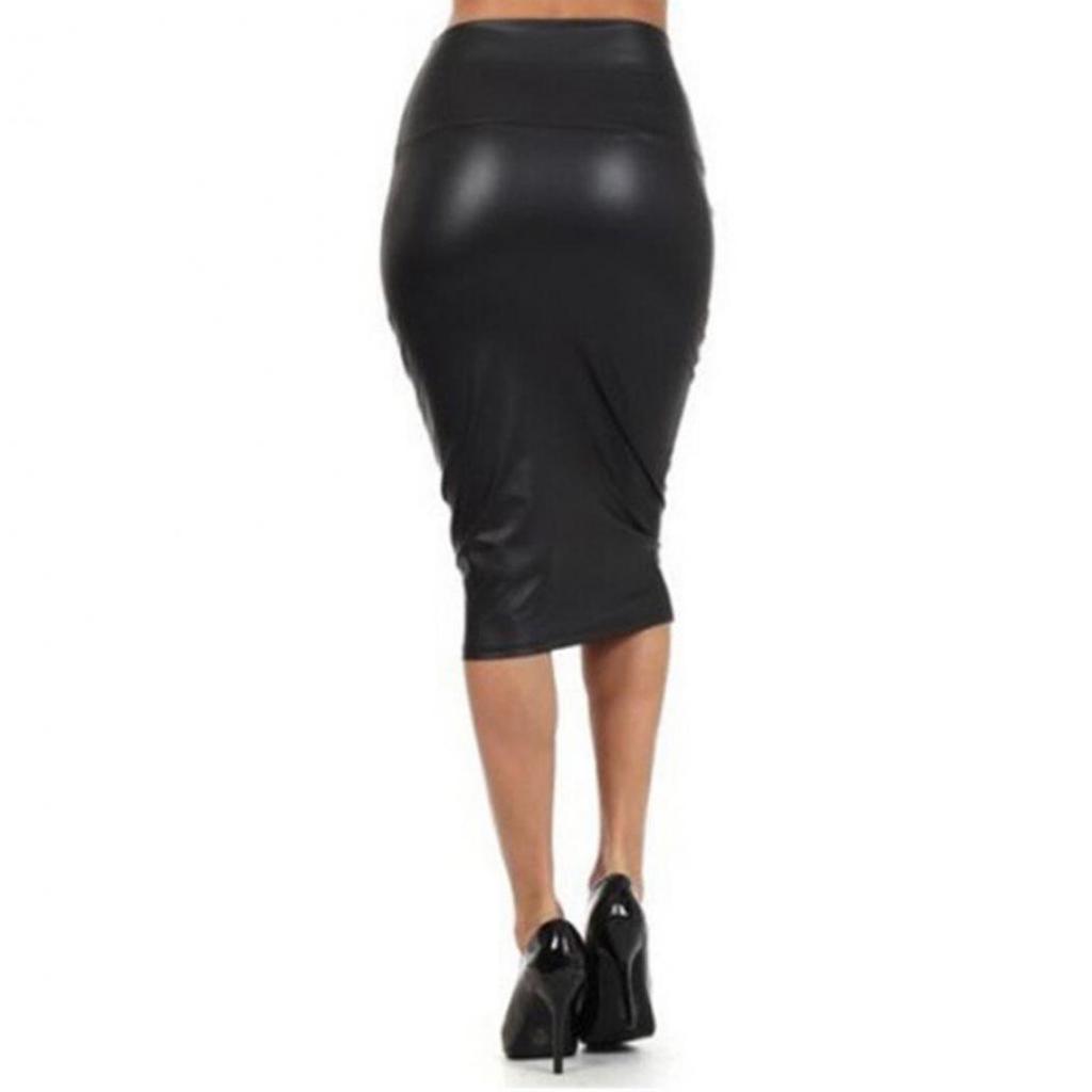 Modisch Sexy Ol Damenkleid Imitiert Leder Hohe Taille Knielang Damen Bleistiftrock EMA