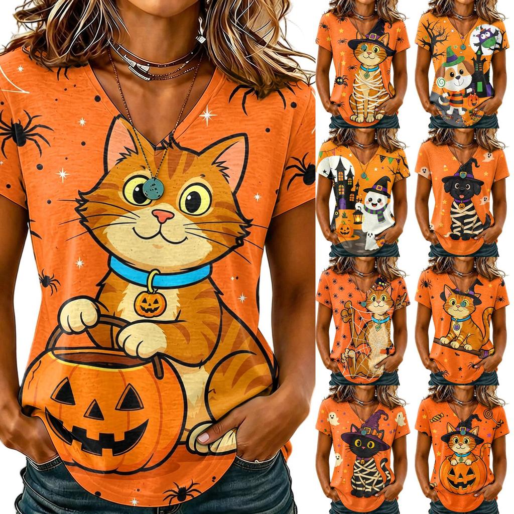 Dámské tričko s V-výstřihem a krátkým rukávem, ležérní svetr s halloweenským potiskem