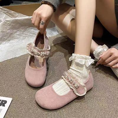 Velcro Flat Mary Jane Single Shoes Women's Autumn New Pearl Shallow Mouth with Skirt Versatile Beanie Shoes