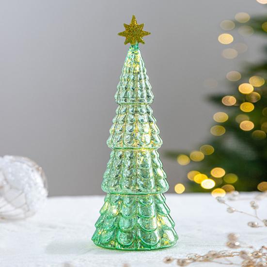 Brad de Crăciun din sticlă iluminat, lumină de masă, figurine brad de Crăciun luminoase pentru Crăciun, piesă centrală pentru petrecere acasă, decor de masă/manta