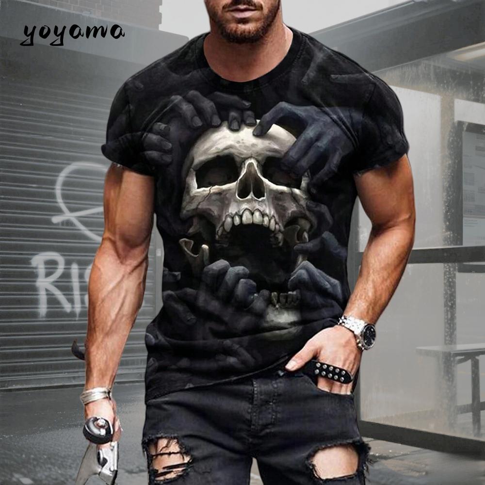 Men's T-shirt with skull pattern 3D print. Summer retro casual sports short-sleeved adult quick-drying and breathable clothing.